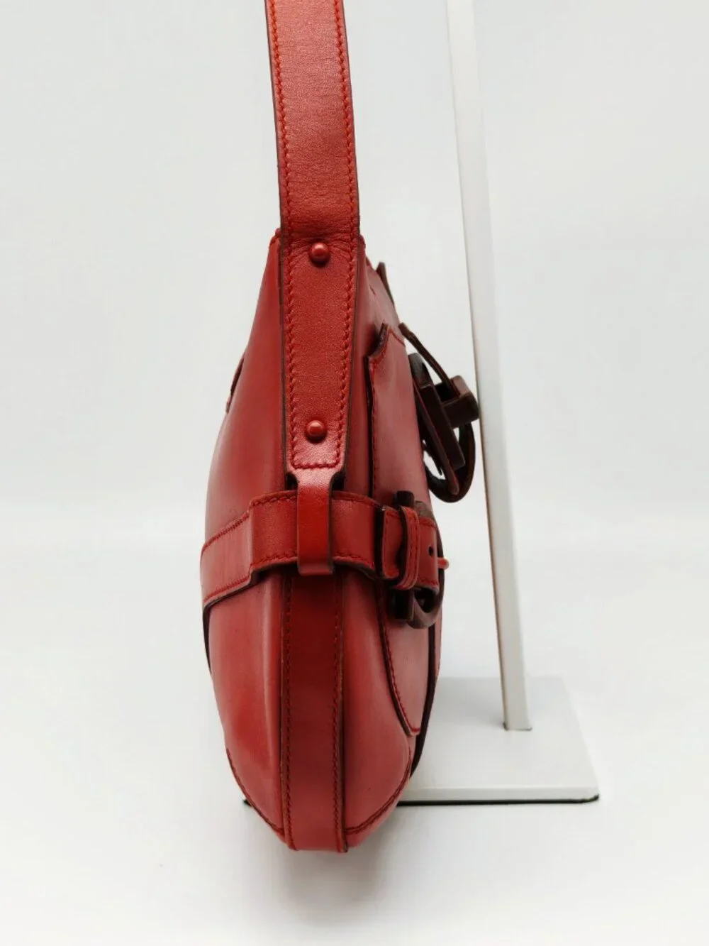 Salvatore Ferragamo Vintage Red Leather Shoulder Bag Wood Gancini Buckle